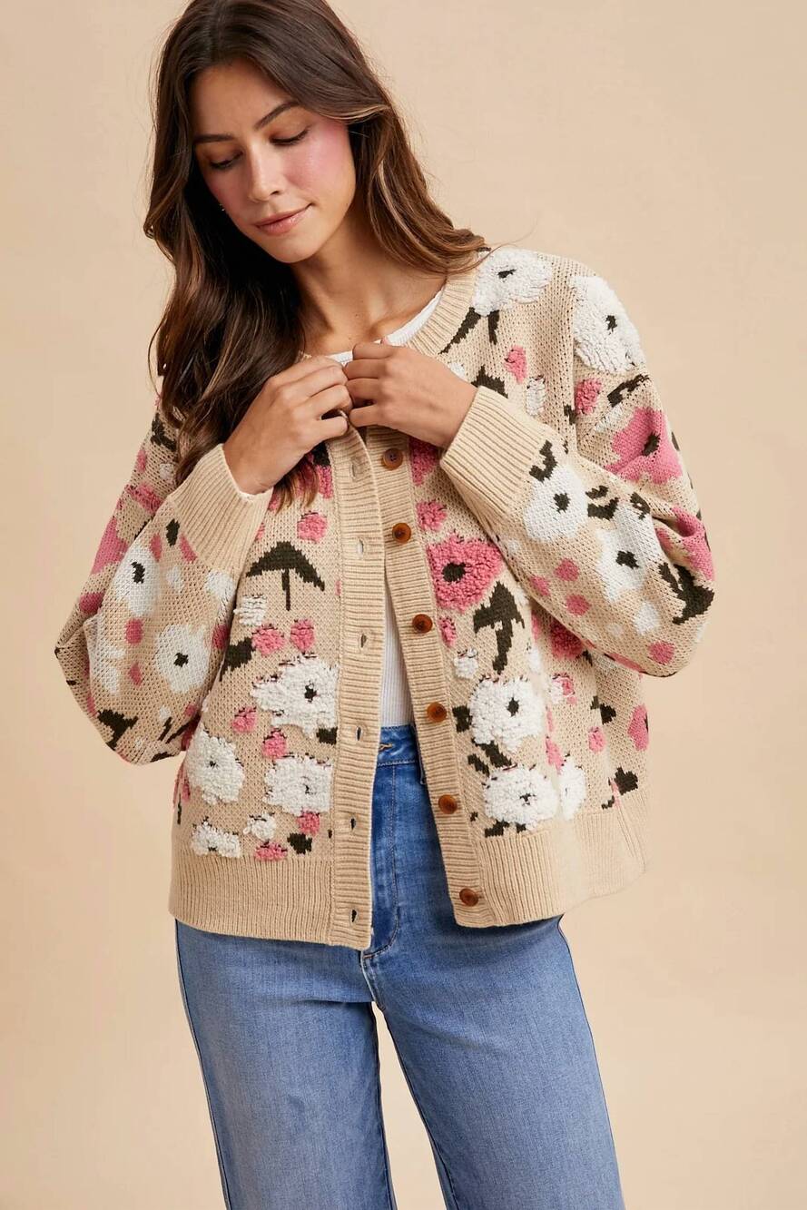 NEW ANNIEWEAR floral textured cardigan in beige